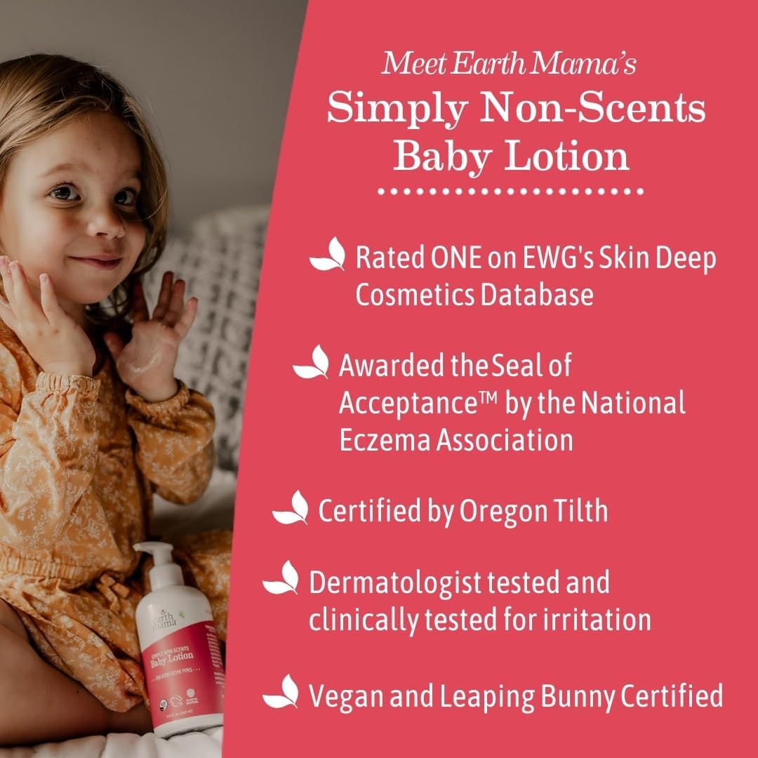 Earth Mama Simply Non-Scents Baby Lotion for Dry Skin, Calendula Cream for Newborn Skin Care, Organic Moisturizer for Children with Aloe Juice, Rooibos, & Shea Butter, Fragrance Free, 8-Fluid Ounce : Baby
