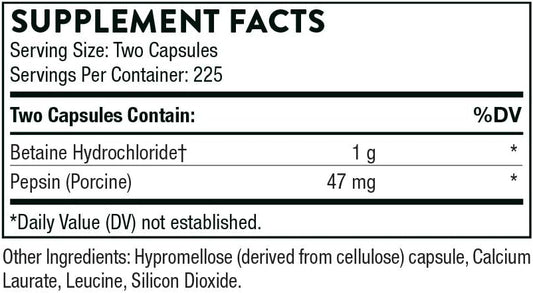 Thorne Betaine Hcl & Pepsin - Digestive Enzymes For Protein Breakdown And Absorption - 450 Capsules