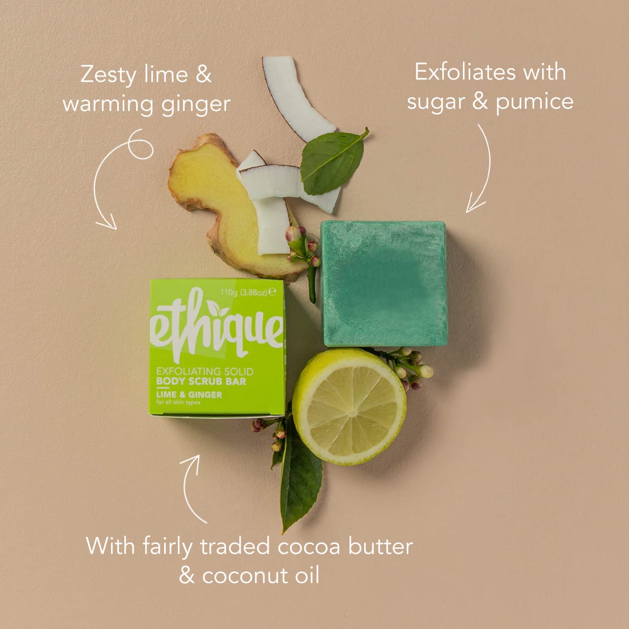 Ethique Exfoliating Lime & Ginger Solid Body Scrub Bar for All Skin Types - Plastic-Free, Vegan, Cruelty-Free, Eco-Friendly, 3.88 oz (Pack of 1) : Beauty & Personal Care