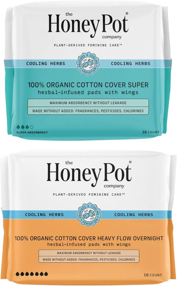 The Honey Pot Company - Herbal Pads For Women - Super & Heavy Flow Overnight Pads Bundle - Infused W/Essential Oils For Cooling Effect & Cotton Cover - Sanitary Pads - Feminine Care - Fsa Eligible