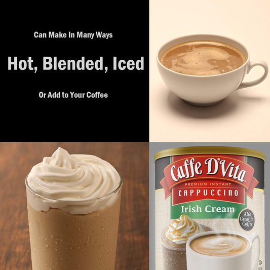 Caffe D’Vita Irish Cream Cappuccino Mix - Irish Cream Coffee, Irish Coffee, Gluten Free, No Cholesterol, No Hydrogenated Oils, No Trans Fat, 99% Caffeine Free, Instant Coffee - 16 Oz Can, 6-Pack