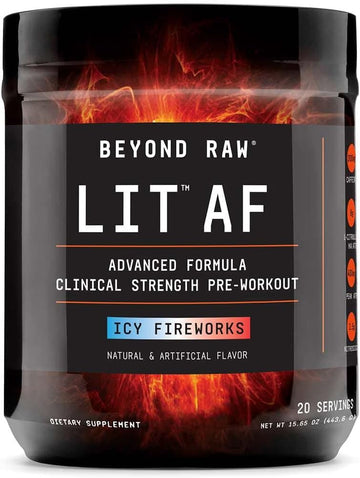 Beyond Raw Lit Af | Advanced Formula Clinical Strength Pre-Workout Powder | Contains Caffeine, L-Citruline, And Nitrosigine | Icy Fireworks | 20 Servings