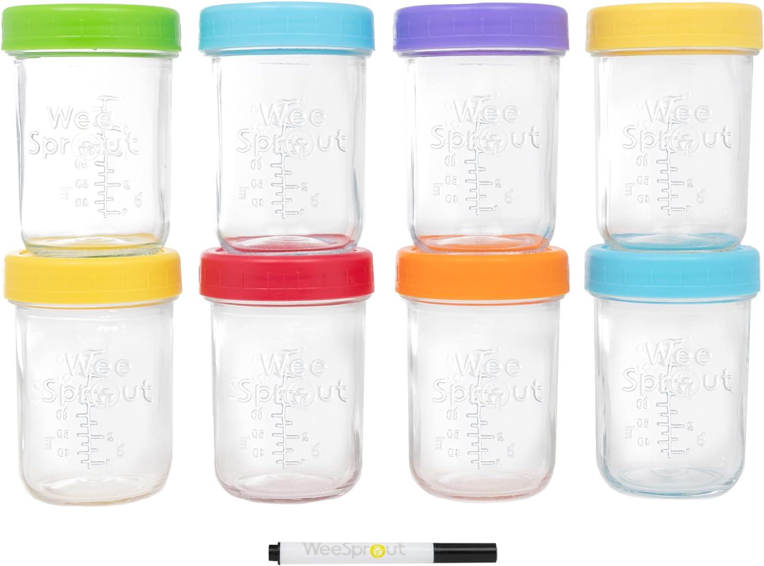 WeeSprout Glass Baby Food Storage Jars w/Lids (8 oz, 8 Pack Set) Snack, Puree, Reusable Small Containers, Breast Milk, Fridge or Freezer, Microwave & Dishwasher Safe, Essential Must Have for Infants