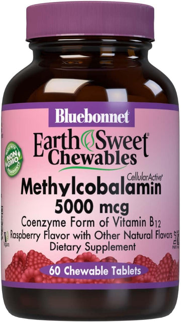 Bluebonnet Nutrition EarthSweet Methylcobalamin 5,000 mcg Active Coenzyme Form of Vitamin B12 Supports Energy Boost & Metabolism - Vegan, Gluten-Free - Raspberry Flavor - 60 Chewable Tablets