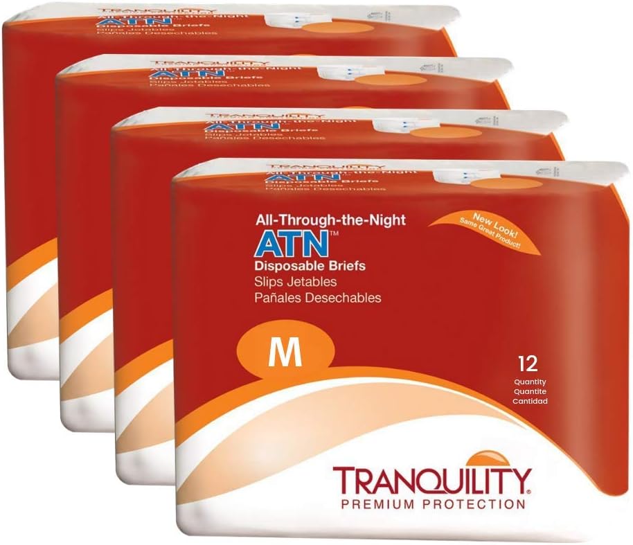 Tranquility Premium Atn Disposable Briefs With Tabs, Overnight Protection Superabsorbent Core For Leak-Free And Full-Fit Comfort, Medium 48Ct Case