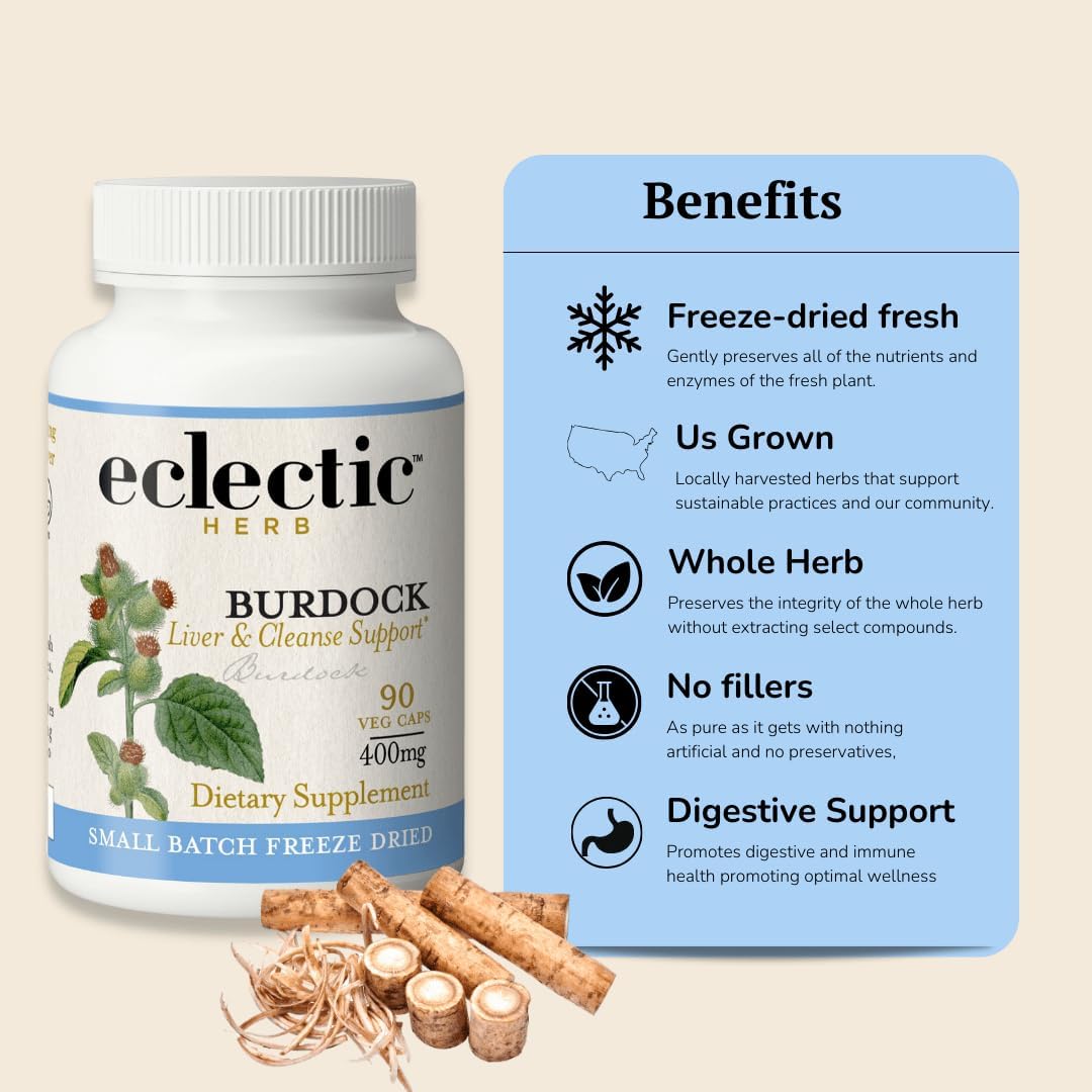 ECLECTIC INSTITUTE Raw Fresh Freeze-Dried Non-GMO Burdock | Digestive Support | 90 CT (400 mg) : Health & Household