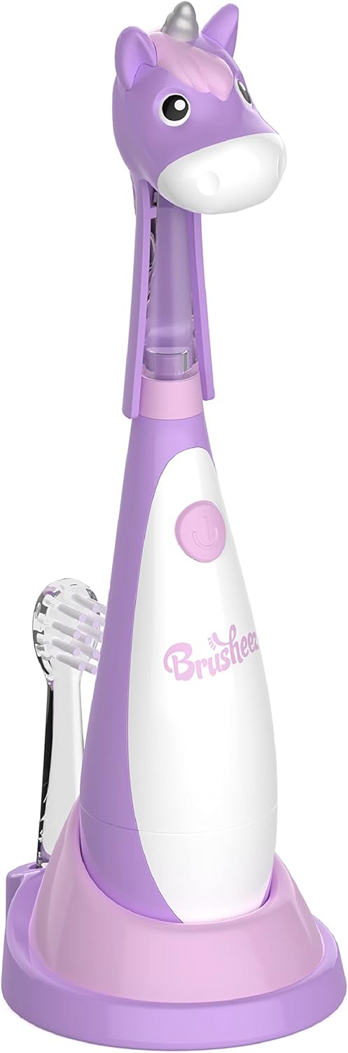 Brusheez Little Toddlers Sonic Toothbrush - Safe & Gentle Toothbrush for Ages 1-3 with Built-in, Light-Up 2-Minute Timer, Extra Brush Head, & Storage Base for First-Time Brushers (Lucky The Unicorn)