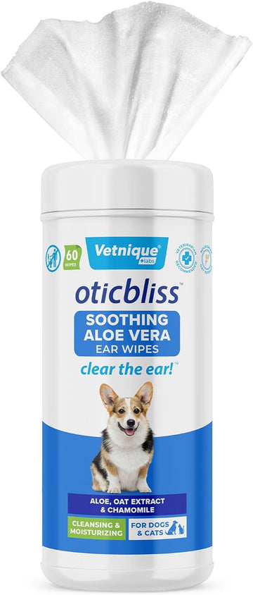 Vetnique Labs Oticbliss Ear Cleaner Wipes/Flushes for Dogs & Cats with Odor Control and Itch Relief Reduces Head Shaking - Clear The Ear (Ear Cleaning Wipes, Aloe Cleaning Large)