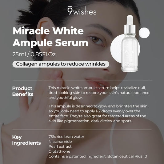 9Wishes Miracle Ampule Serum - 73% Rice Bran Water, Niacinamide | Korean Skincare - 0.85Fl. Oz