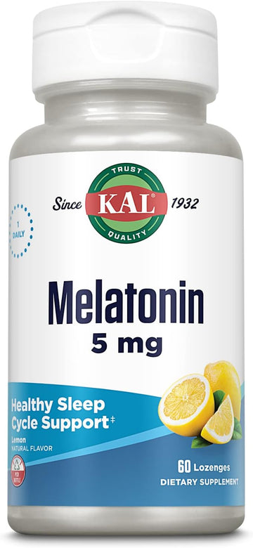 KAL Melatonin 5mg Sleep Aid Lozenges, Melatonin Supplement Supports Sleep Quality, Calming Relaxation and a Healthy Sleep Cycle, with Added Vitamin B6, Vegetarian, Natural Lemon Flavor, 60 Lozenges