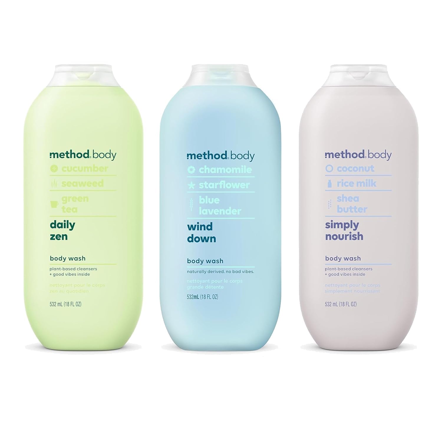 Method Body Wash Variety Pack - Wind Down 18 Fl Oz, Simply Nourish 18 Fl Oz, Daily Zen 18 Fl Oz, Paraben And Phthalate Free