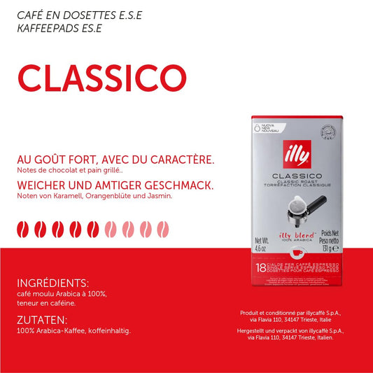 Illy E.S.E. Coffee - Single-Serve Coffee Pods – Classico Medium Roast - Notes Of Chocolate & Caramel - For E.S.E Coffee Machines - Extraordinary Aroma & Body – 18 Count