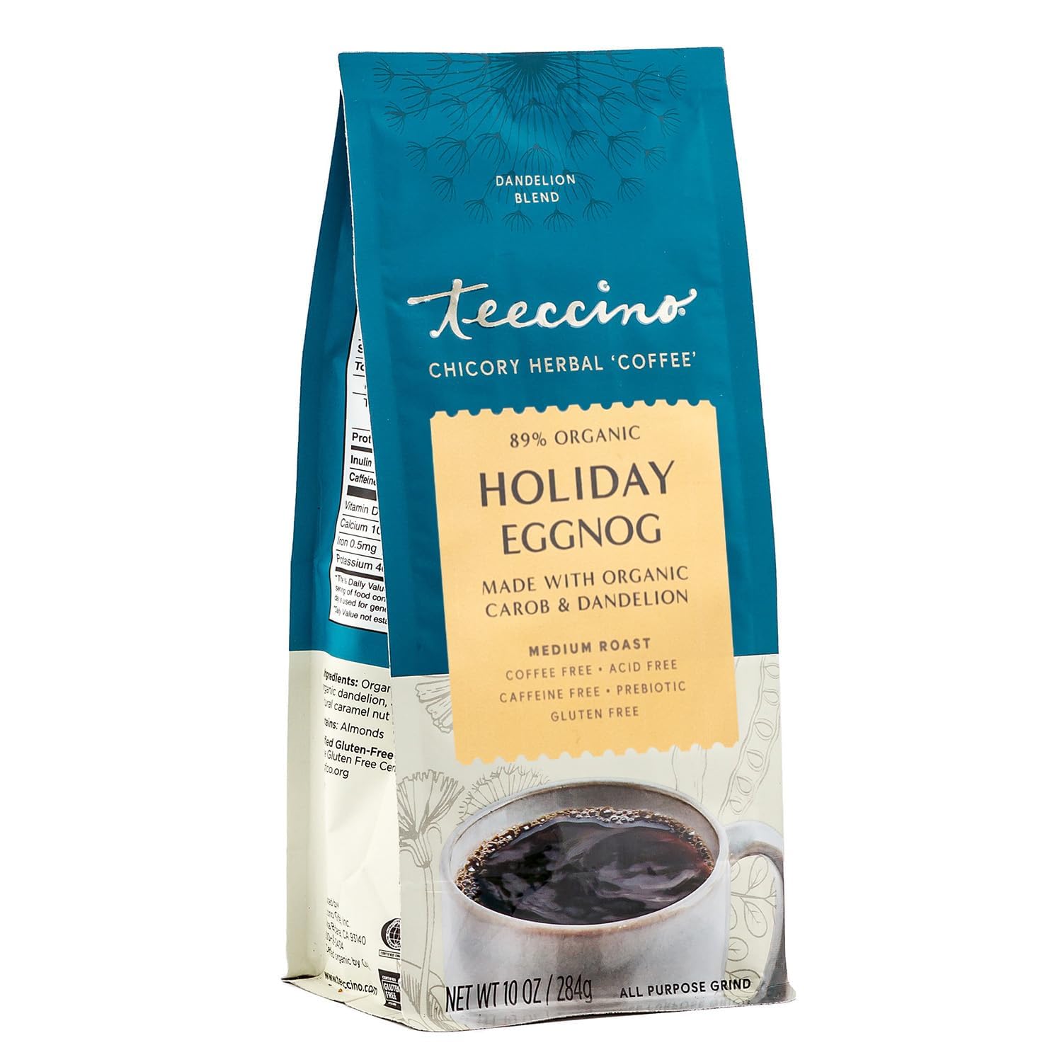 Teeccino Eggnog Chicory Coffee Alternative - Favorite Holiday Dessert Beverage That’S Prebiotic, Caffeine-Free & Acid-Free, Medium Roast, 10 Ounce