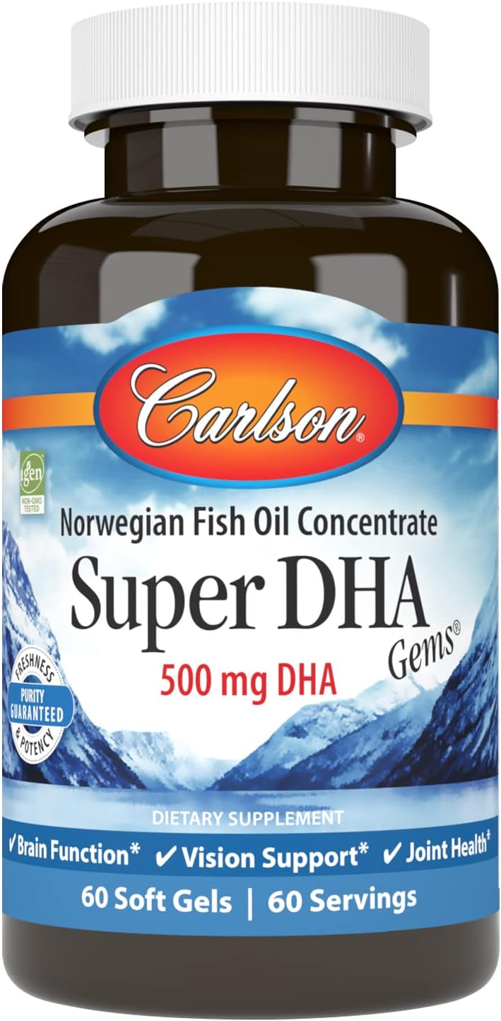 Carlson - Super DHA Gems, 500 mg DHA Supplements, Norwegian Fish Oil Concentrate, Wild-Caught, Sustainably Sourced Fish Oil Capsules, Cognitive Health, 60 Softgels