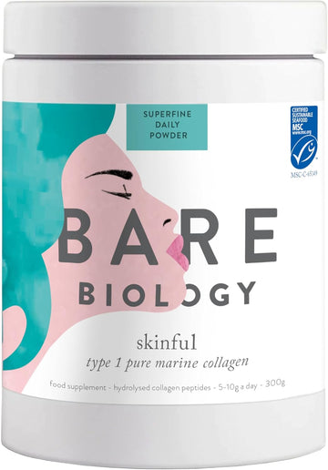Bare Biology Skinful Pure Marine Collagen Powder. 300G/60 Servings. Premium Quality Type 1 Peptide Collagen Supplements For Women