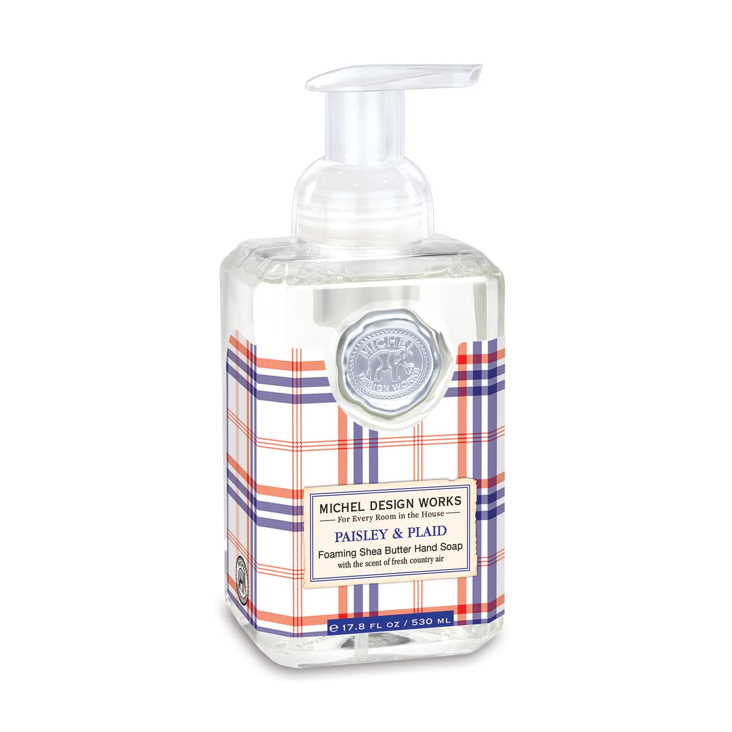 Michel Design Works Foaming Hand Soap 17.8Oz, Paisley & Plaid (Red, White, And Blue Plaid Design) Scent And Design, Shea Butter And Aloe Vera Blend, Beautiful Square Container With Pump