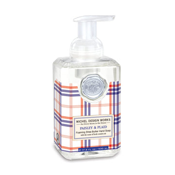 Michel Design Works Foaming Hand Soap 17.8Oz, Paisley & Plaid (Red, White, And Blue Plaid Design) Scent And Design, Shea Butter And Aloe Vera Blend, Beautiful Square Container With Pump
