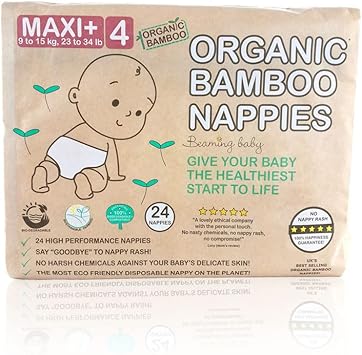 Beaming Baby Organic Bamboo Eco Nappies Maxi Plus Size 4 (9-15 Kg / 23-34 Lb) - 24 In Pack. Biodegradable, Hypoallergenic, No Nappy Rash, Recyclable Paper Packaging