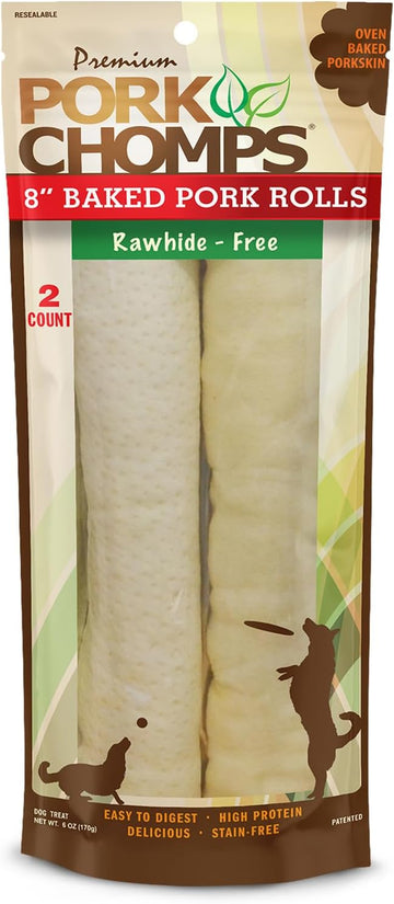 Pork Chomps Baked Pork Skin Dog Chews, 8-Inch Rolls, 2 Count