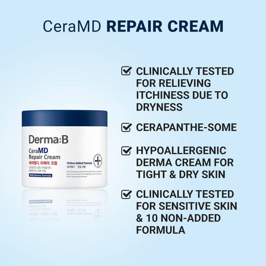 DERMA B CeraMD Repair Body Cream, Unscented Moisturizer for Dry and Rough Skin, Relieves Itchiness due to Dryness, Fragrance Free, 14.54 Fl. Oz., 430ml