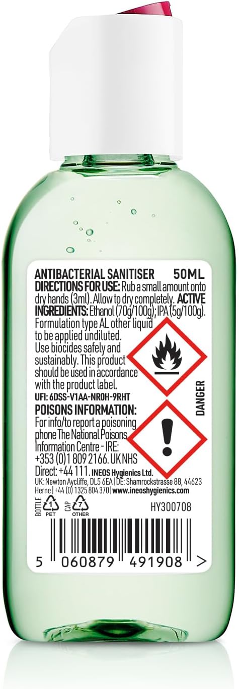 INEOS Mini Antibacterial Hand Sanitiser Gel 50ml - Aloe & Lemongrass - Hospital Grade Disinfectant, Eliminates 99.9% of Viruses and Bacteria, 12 x 50ml, Travel, Holiday, and Festival Essentials : Amazon.co.uk: Health & Personal Care