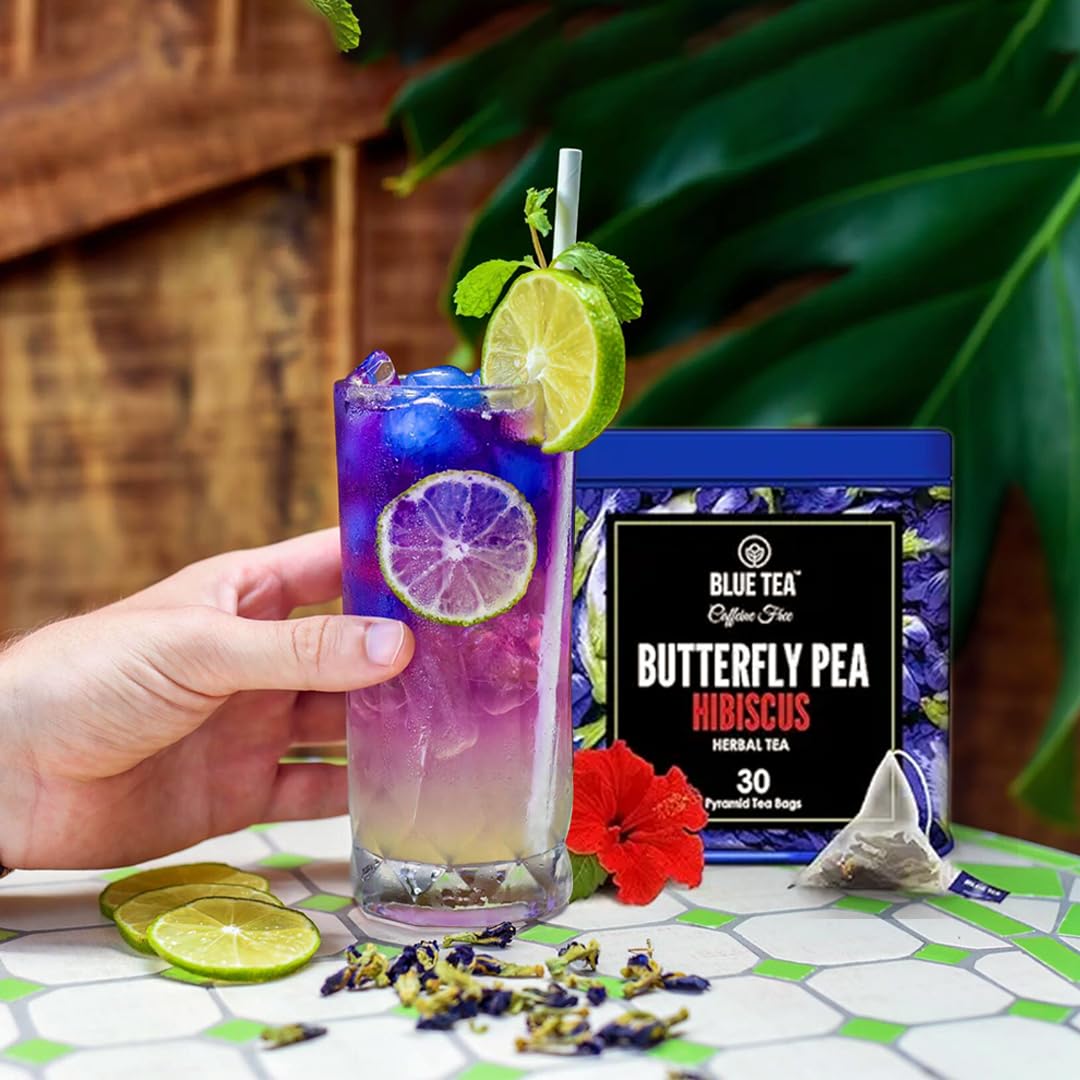 Blue Tea - Butterfly Pea Flower Tea - Hibiscus - 30 Count - Plant Based Tea Bag || Super Anti-Oxidant || Caffeine Free - Non-Bitter - Gluten Free - Flower Based - Vegan | Eco-Conscious Tin Packaging