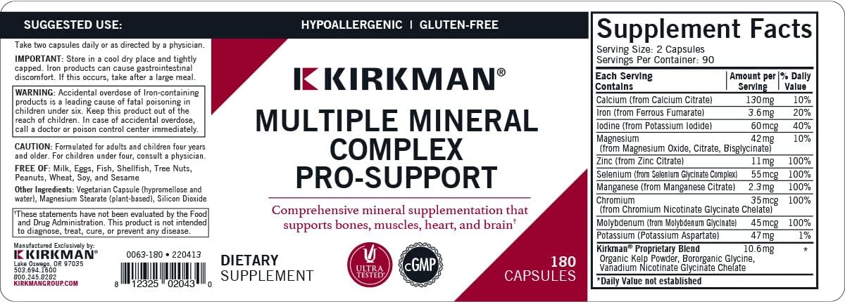 Kirkman Multiple Mineral Complex Pro-Support - Hypoallergenic | 180 Vegetarian Capsules | Minerals : Health & Household