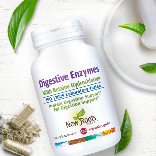 NEW ROOTS HERBAL Digestive Enzymes with Betaine Hydrochloride (100 caps)| Break Down Fat, Complex Carbohydrates, and Proteins | Digestive aid