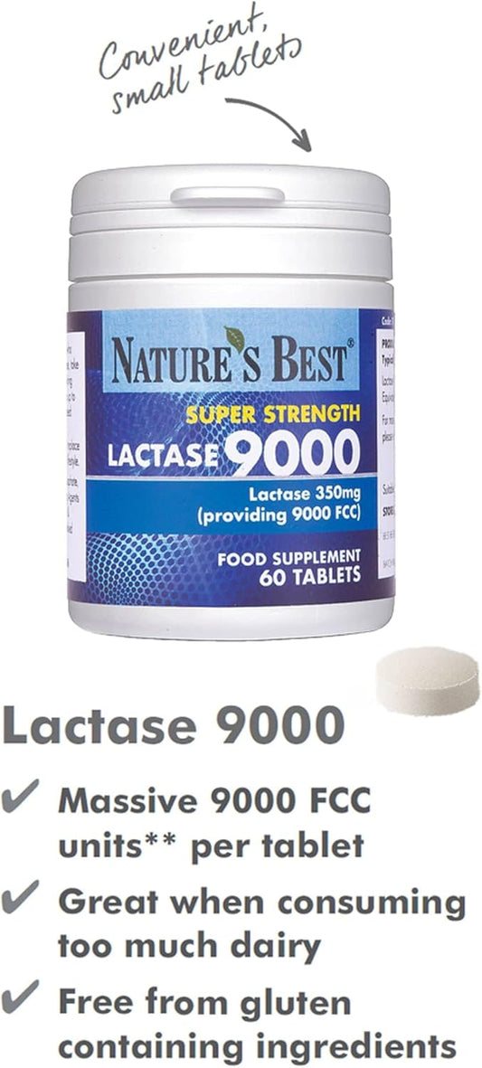 Super Strength Lactase Tablets 9000 Fcc Enzyme Units | Max Strength Digestive Enzyme | 60 Tablets: 1 Month'S Supply | Helps Digest Lactose In Milk & Dairy | Support For Lactose Intolerance | Uk Made