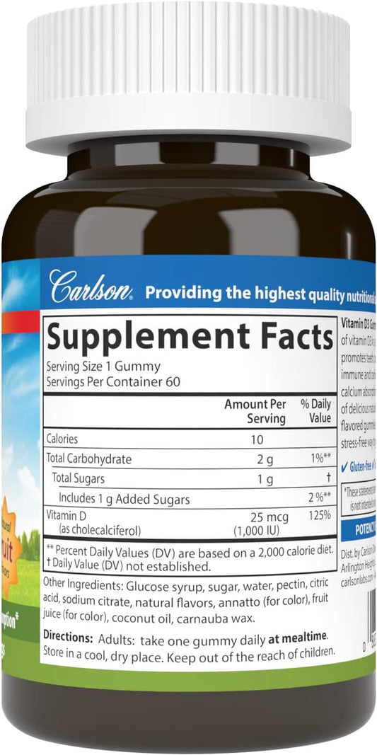 Carlson - Vitamin D3 Gummies, 1000 IU (25 mcg), Bone Health, Immune Support & Calcium Absorption, Natural Fruit avors, 60 Vegetarian Gummies