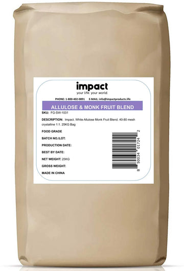 Impact - Monk Fruit Allulose Sweetener - Crystalized Blend - Zero Calorie, Keto Friendly Sugar Substitute - Baking Essential With Plastic-Free Packaging - 25Kg