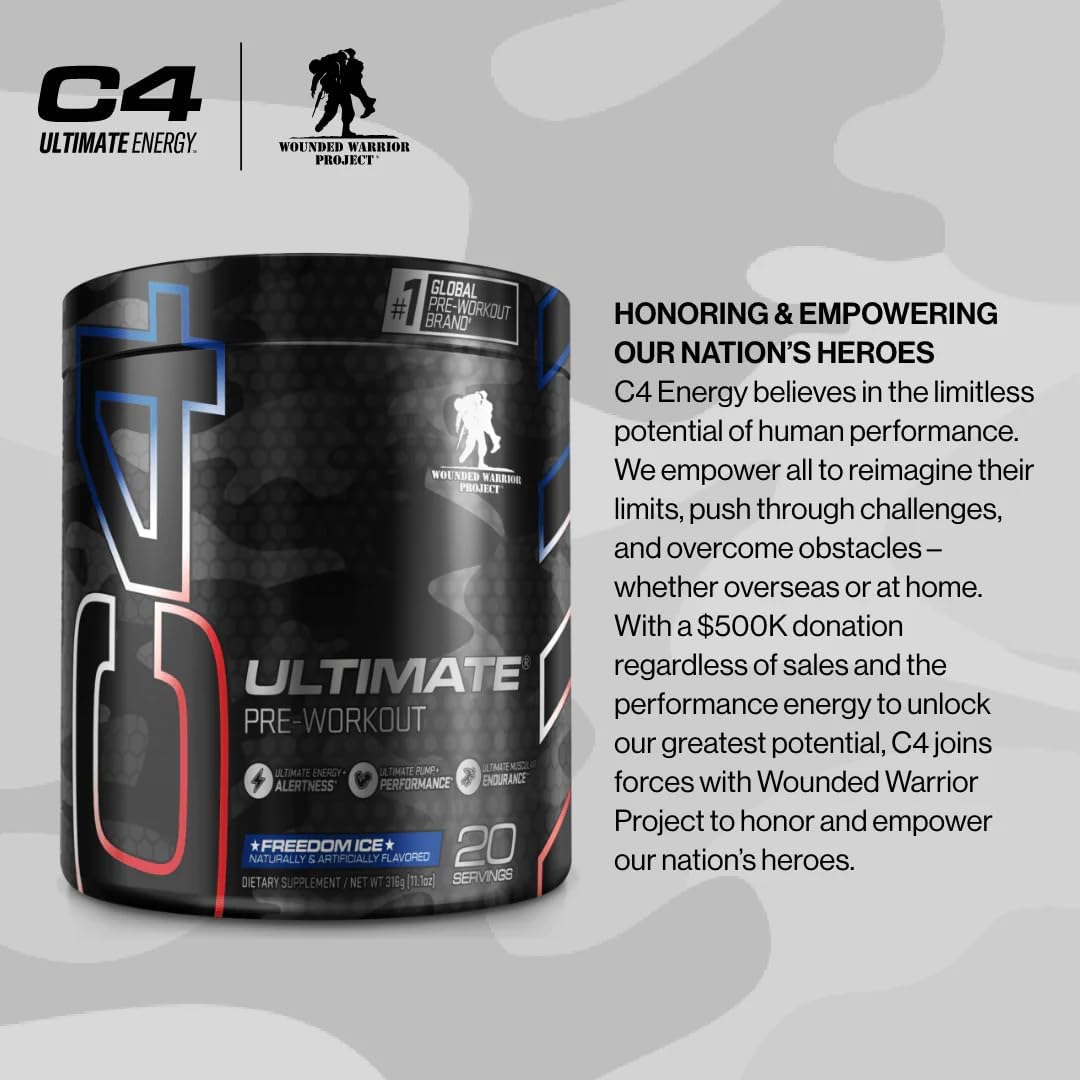 C4 Ultimate x Wounded Warrior Project Pre Workout Powder Freedom Ice - Sugar Free Preworkout Energy Supplement for Men & Women - 300mg Caffeine + 3.2g Beta Alanine + 2 Patented Creatines - 20 Servings : Everything Else