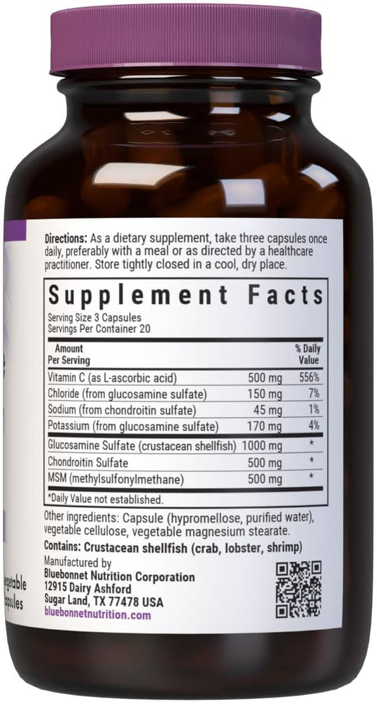 Bluebonnet Nutrition Glucosamine Chondroitin & Msm, Glucosamine, Bone & Joint Health*, Non-Gmo, Gluten-Free, Soy-Free, Dairy-Free, 60 Vegetable Capsules, 20 Servings