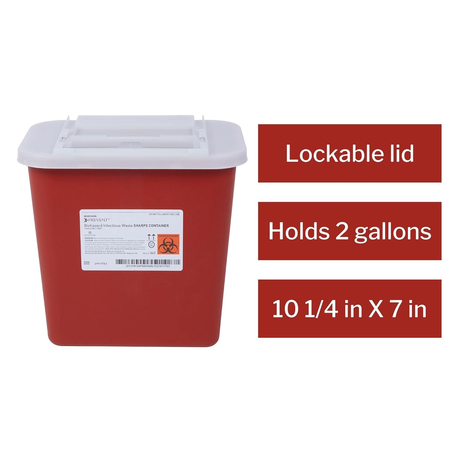 McKesson Prevent Biohazard Infectious Waste Sharps Container - Plastic, Horizontal Entry, Translucent Sliding Lid - Red, 2 gal, 7 in x 10 1/2 in x 10 1/4 in, 1 Count