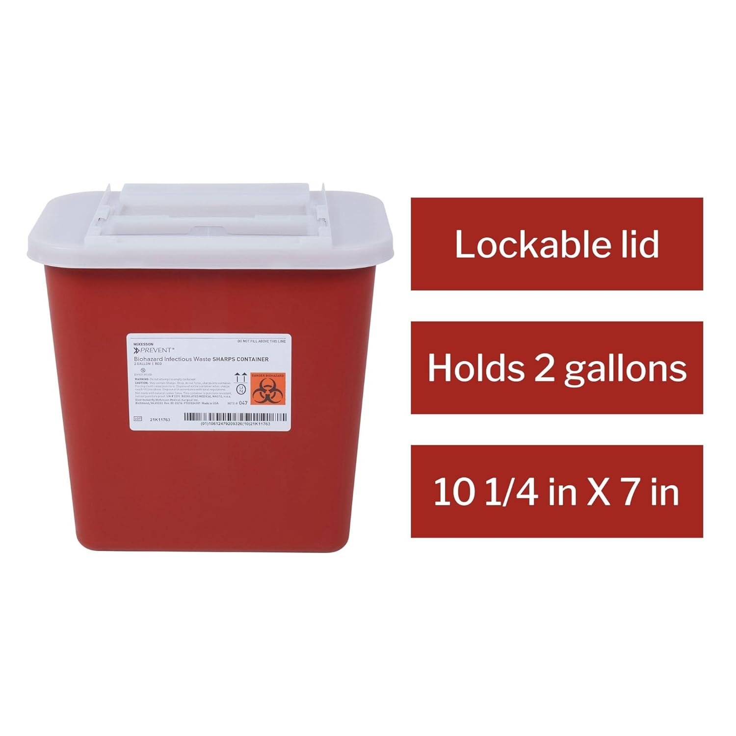 McKesson Prevent Biohazard Infectious Waste Sharps Container - Plastic, Horizontal Entry, Translucent Sliding Lid - Red, 2 gal, 7 in x 10 1/2 in x 10 1/4 in, 1 Count : Health & Household