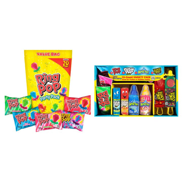 Bazooka Candy Brands Lollipop Suckers 18 Count Variety Box + Ring Pop 20 Count Party Pack – Assorted Flavors