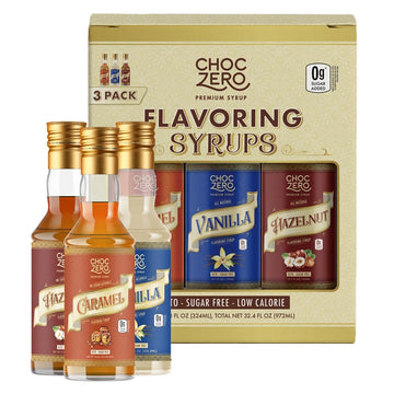 Choczero Sugar Free Syrup Variety Pack Sampler For Coffee - Caramel, Hazelnut, And Vanilla Flavoring Syrups - Keto Friendly, Zero Sugar (3 Bottles, 10.8 Ounces Each)