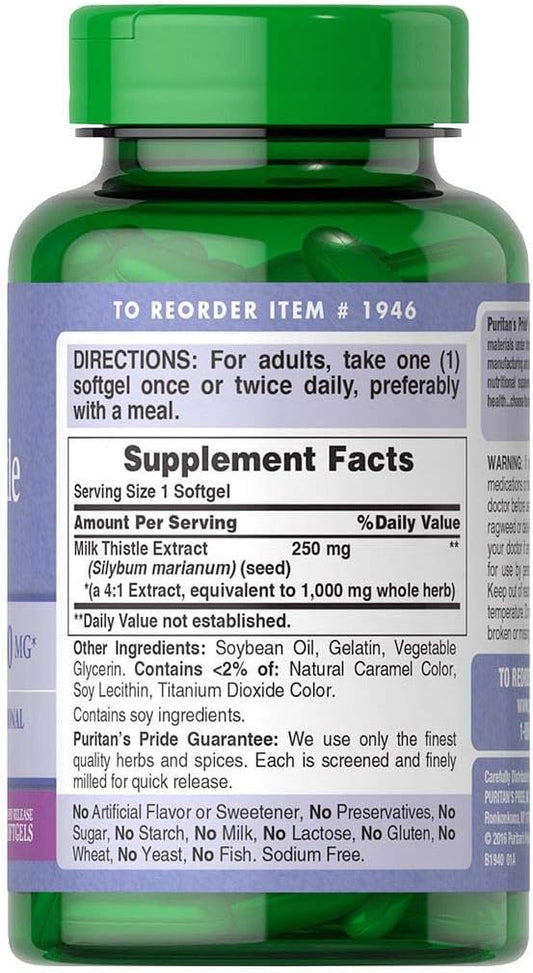 Puritan's Pride 3-Pack of Milk Thistle 4:1 Extract 1000 Mg (Silymarin)-180 Softgels (540 Total)…