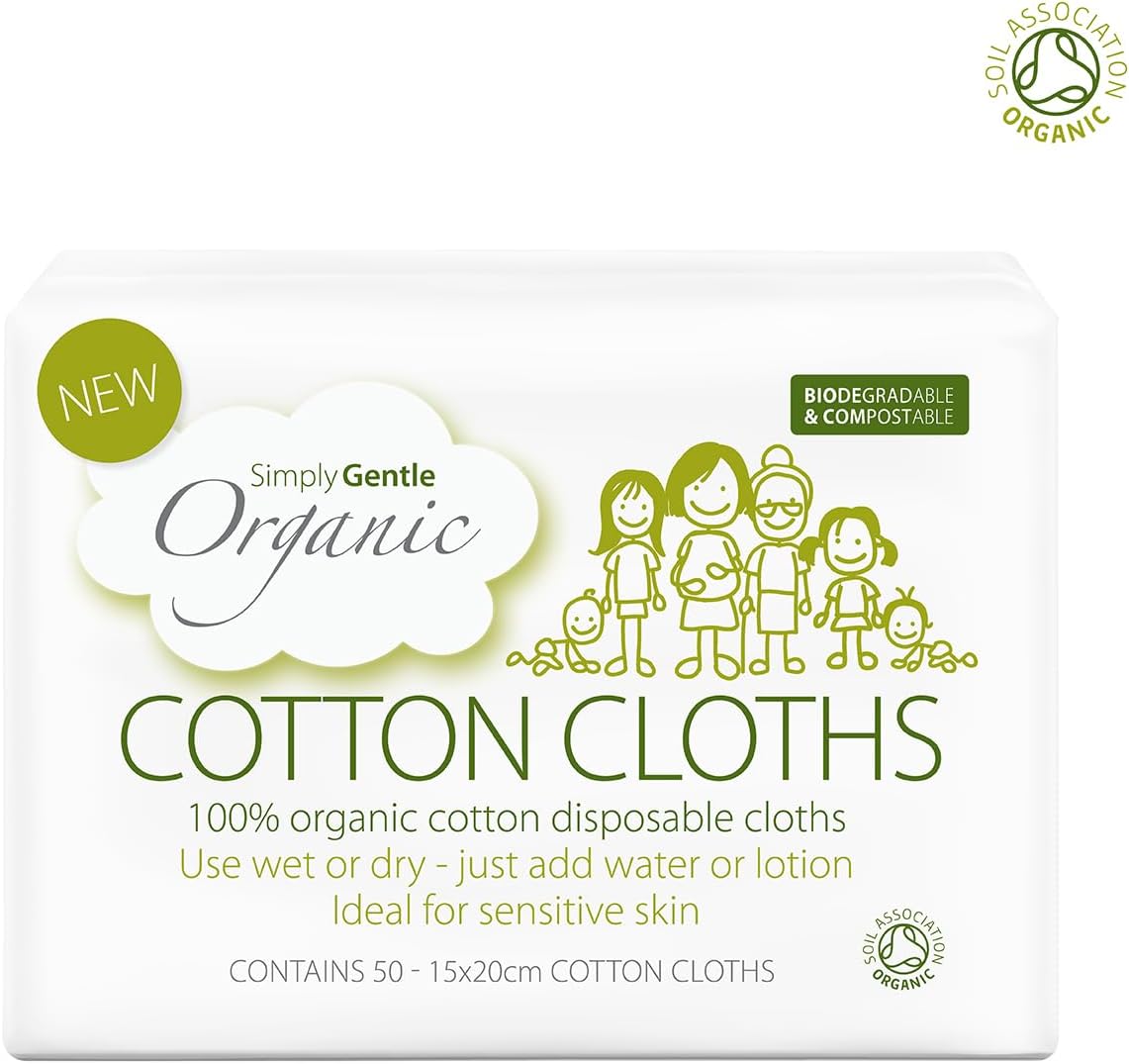 Simply Gentle Organic Dry Wipes/Cotton Cloths Perfect For Sensitive Skin - Pure Cotton Cloths For Newborn Baby - Free From Odours Parabens & Alcohol - Multi-Purpose - Disposable Cloth - 50 (Pack Of 6)