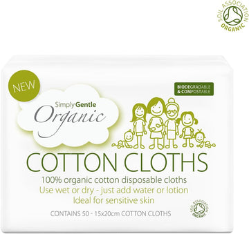 Simply Gentle Organic Dry Wipes/Cotton Cloths Perfect For Sensitive Skin - Pure Cotton Cloths For Newborn Baby - Free From Odours Parabens & Alcohol - Multi-Purpose - Disposable Cloth - 50 Pieces