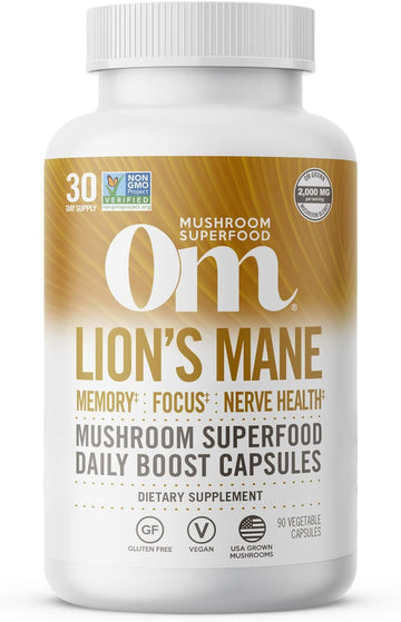 Om Mushroom Superfood Lion's Mane Mushroom Capsules Superfood Supplement, 90 Count, 30 Day Supply, Fruit Body and Mycelium Nootropic for Memory, Focus, Nerve Health and Immune Support