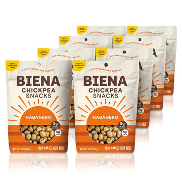 Biena Crispy Roasted Chickpea Snacks - Habanero, High Protein Snacks, High Fiber Snacks, Gluten Free, Plant-Based, Allergy Friendly, Non-GMO, 8-Pack 5 Ounce Bags