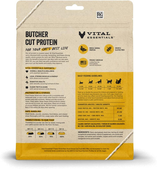 Vital Essentials Freeze Dried Raw Cat Food, Duck Mini Nibs Entree, 8 Oz