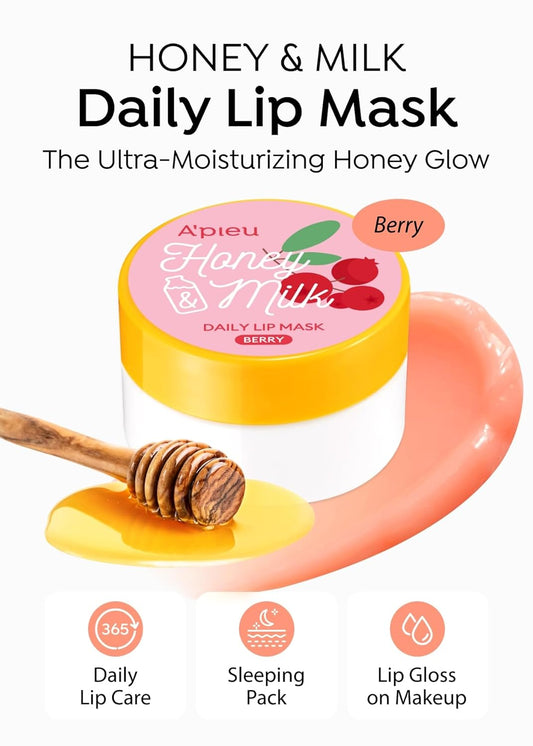 A'Pieu Honey & Milk Daily Lip Mask (Berry) - Nourishing Overnight Korean Lip Mask | Hydrating Lip Moisturizer With Honey, Propolis & Royal Jelly For Soft, Plush Lips