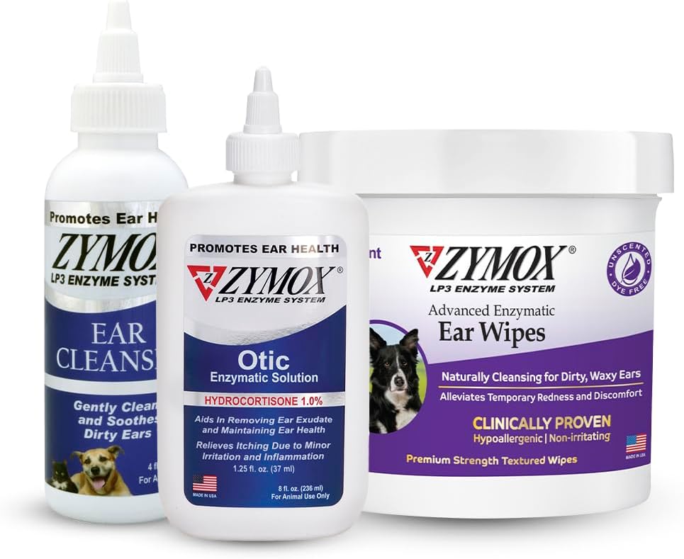 Zymox Enzymatic Ear Wipes, Ear Cleanser, & Otic Ear Solution For Dogs And Cats - Product Bundle - For Dirty, Waxy, Smelly Ears And To Soothe Ear Infections, 100 Ct, 4 Oz And 8 Oz