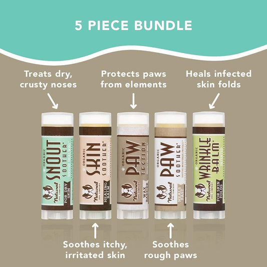 Natural Dog Company Powerhouse Bundle, Includes 5 Healing Balms that Relieve Skin Irritations, Cracked Paws and Dry Noses, Organic, All Natural Ingredients, 0.15oz Trial Sticks