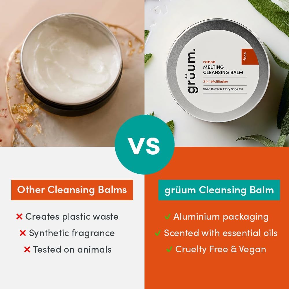 grüum 3-in-1 Melting Cleansing Balm 100ml – Makeup Remover Balm & Face Cleanser for Women – Cleansing Butter with Skin-Loving Shea Butter, Coconut Oil, Clary Sage & Eucalyptus – Vegan & Plastic-Free : Amazon.co.uk: Beauty