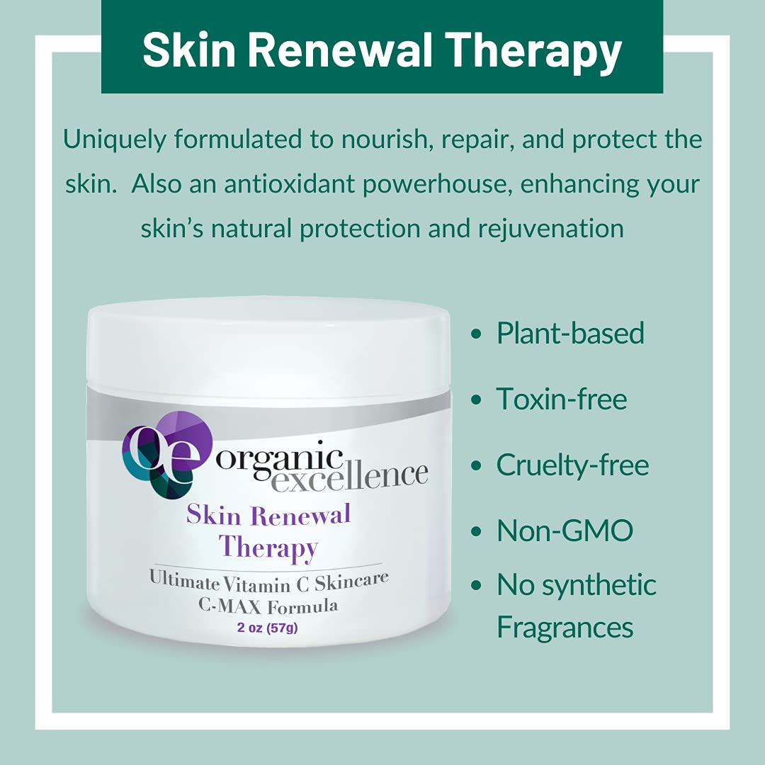 Organic Excellence Skin Renewal Therapy, Vitamin C Face & Neck Cream, Moisturizer To Stimulate Collagen Production And Increase Skin Cell Renewal, Organic Natural Non-Toxic Cruelty-Free 2 Oz (57G) : Beauty & Personal Care