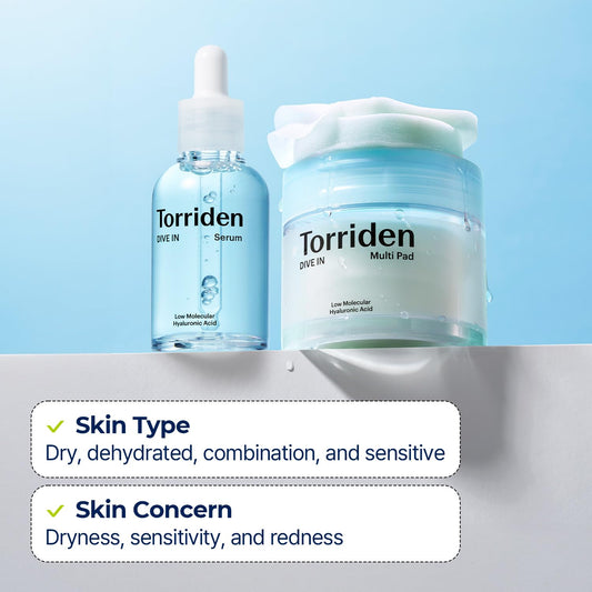 Torriden Dive In Serum 1.69 Fl.Oz. + Dive In Toner Pad (80 Pads) | Instant Soothing And Hydrating | Korean Skin Care