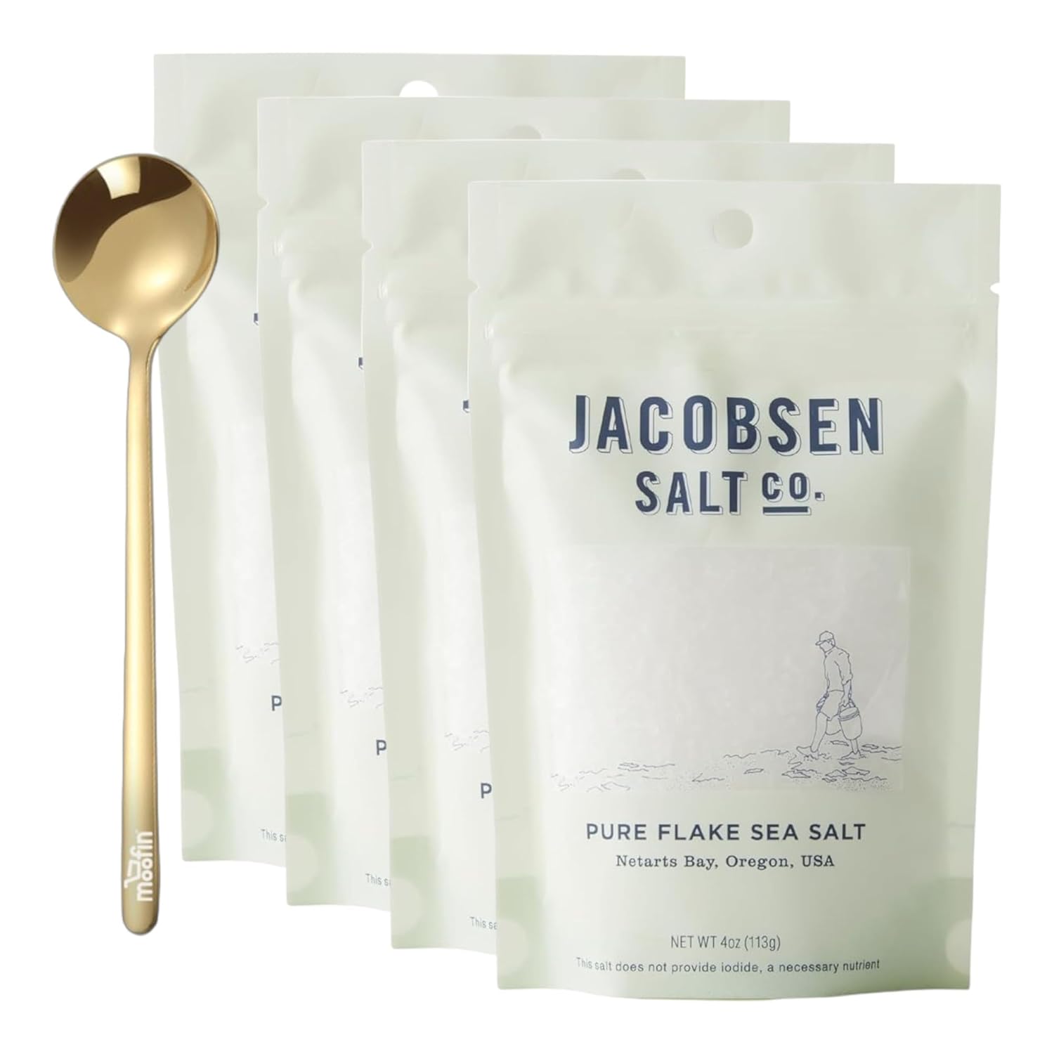 Pure Flaky Finishing Salt, 4 Oz, Bundle With Golden Ss Spoon, Delicate, Pyramid-Shaped Finishing Salt Flakes, Kosher, Enhances Flavor, Ideal For Gourmet Cooking~ [Pack Of 4]